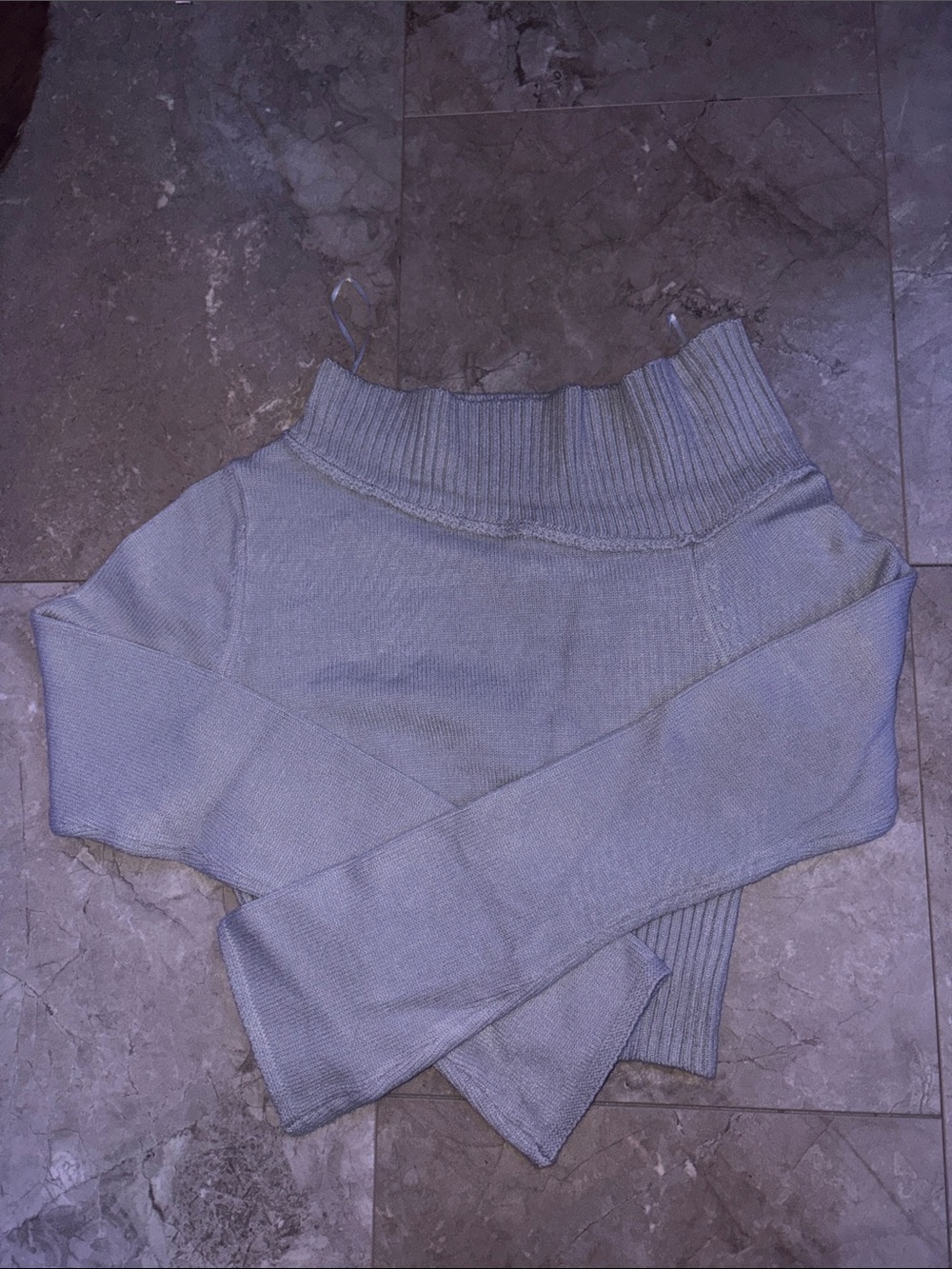 Woman’s Ribbed Off-Shoulder Knit Top in Light Gray